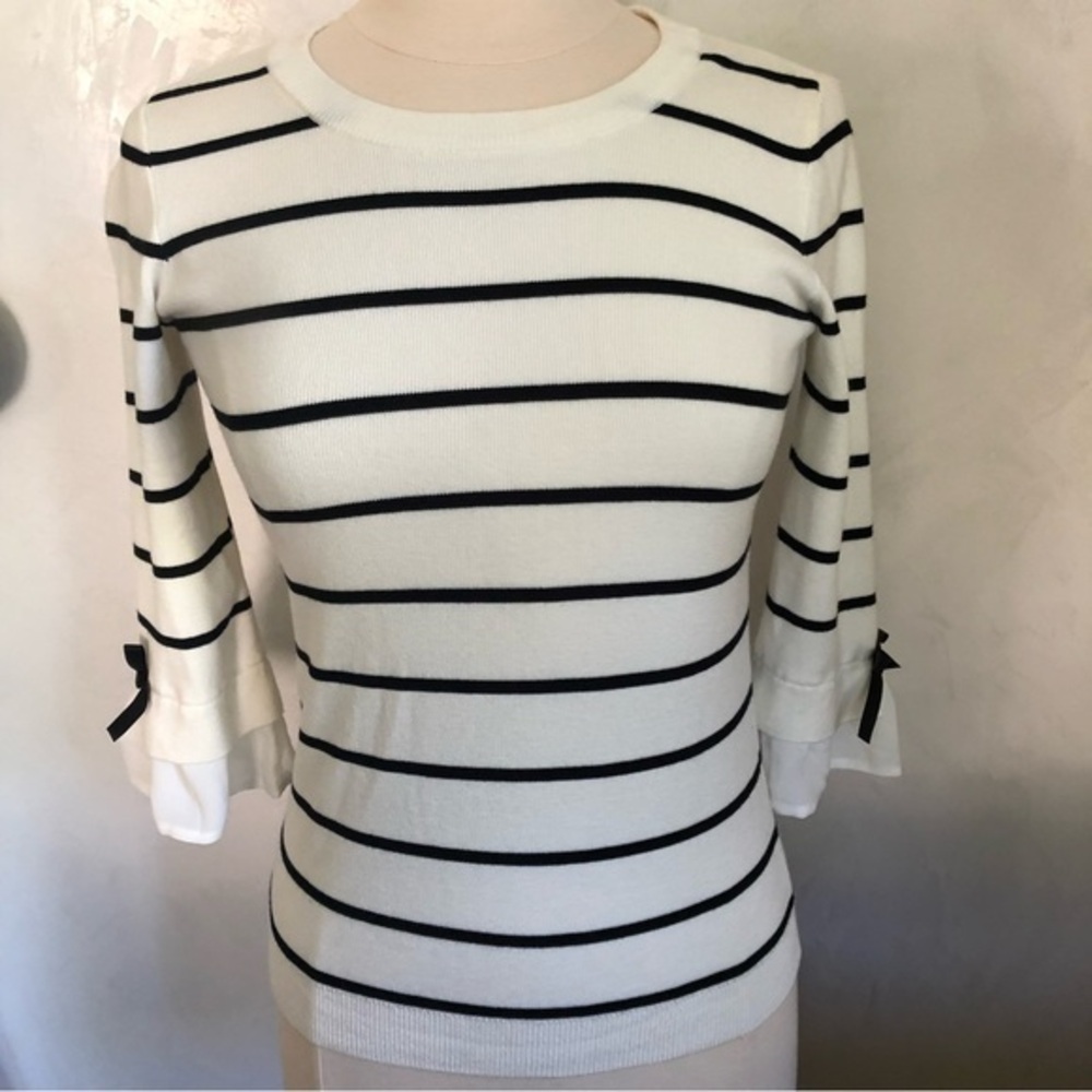 Mason Jules white w/black stripe sweater 3/4 ruffle sleeves w/black bow size XS